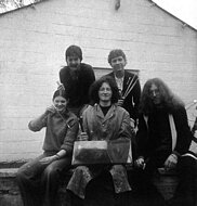 Rosey Jones, Hugh Hales Took, Duncan Clarke, Trevor Shearer & Ben Averis outside the first year painting studio - B14?.