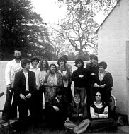 Again outside the studio with most of the first year painting students here. Back row. ?, Trevor Shearer, Nick Gammon, Ben Averis, Ceri Davis( I think? did ceramics?), Peter?, Glimpsed behind can just be seen Peter Wells & Hugh Hales Took, Trevor Richards, Duncan Clarke, Rosey Jones & Jackie Alden. Front row. Rosie Ritchie, Angela Sears, Anna Dutto.