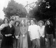 A group of mainly graphics students on the occasion of Rogers 18th birthday taken in the back garden of 5 Church Street?